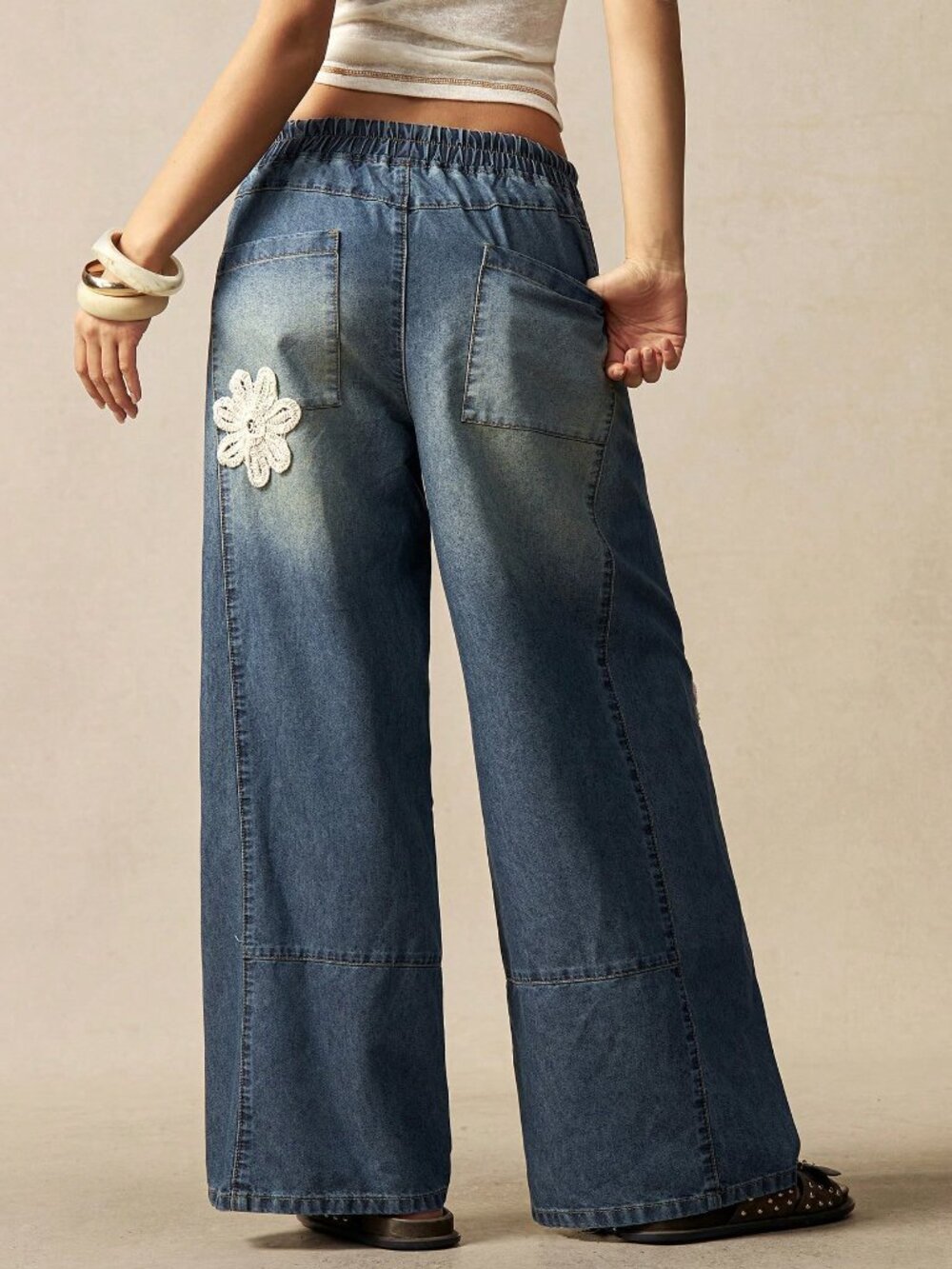 Blue Casual Women's Woven Loose Wide-Leg Jeans - Picture 2 of 6